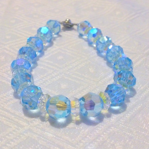 Blue Faceted Glass Crystal Beaded Bracelet 8 Inch - Picture 3 of 4